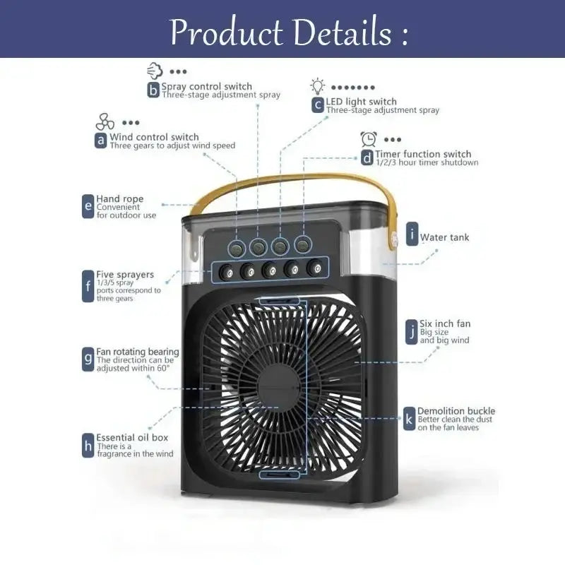New 3 In 1 Portable Air Cooler Fan With Humidifier And Led Night Light For Home Office And Household Use