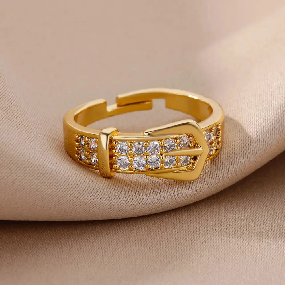 Stainless Steel Belt Ring For Women Zircon Adjustable Belt Finger Ring Geometric Wedding Aesthetic Jewelry Gift