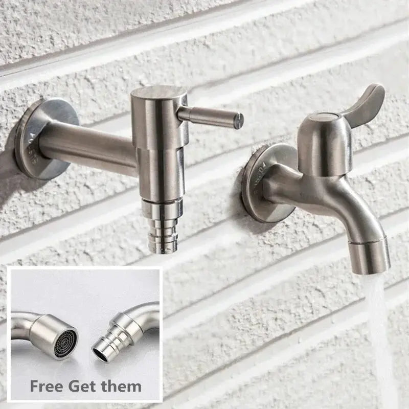 Brushed outdoor 304 stainless steel wall-mounted garden faucets with hose attachments, 2 units