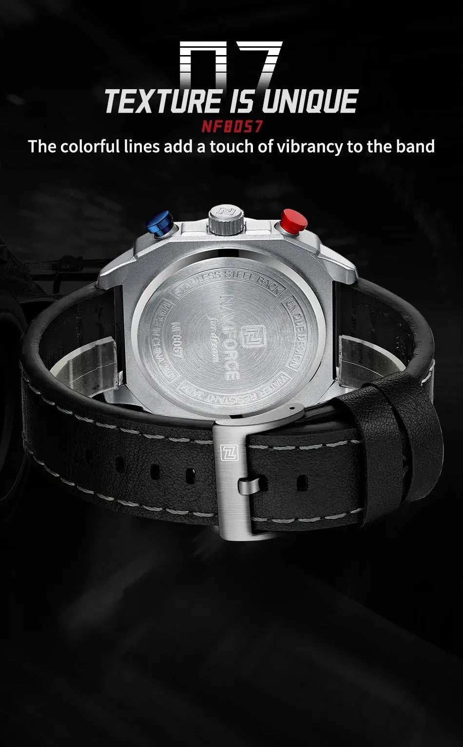 NAVIFORCE men's sport watch on black leather strap with blue and red pushers