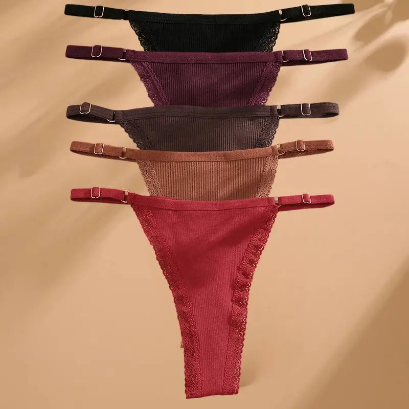 5-pack cotton thong underwear set with lace-trim sides in black, purple, brown, beige, and red