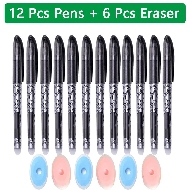 Kawaii erasable gel pens set, 12 pens + 6 erasers, black floral pattern, blue and pink erasers, Simples Market