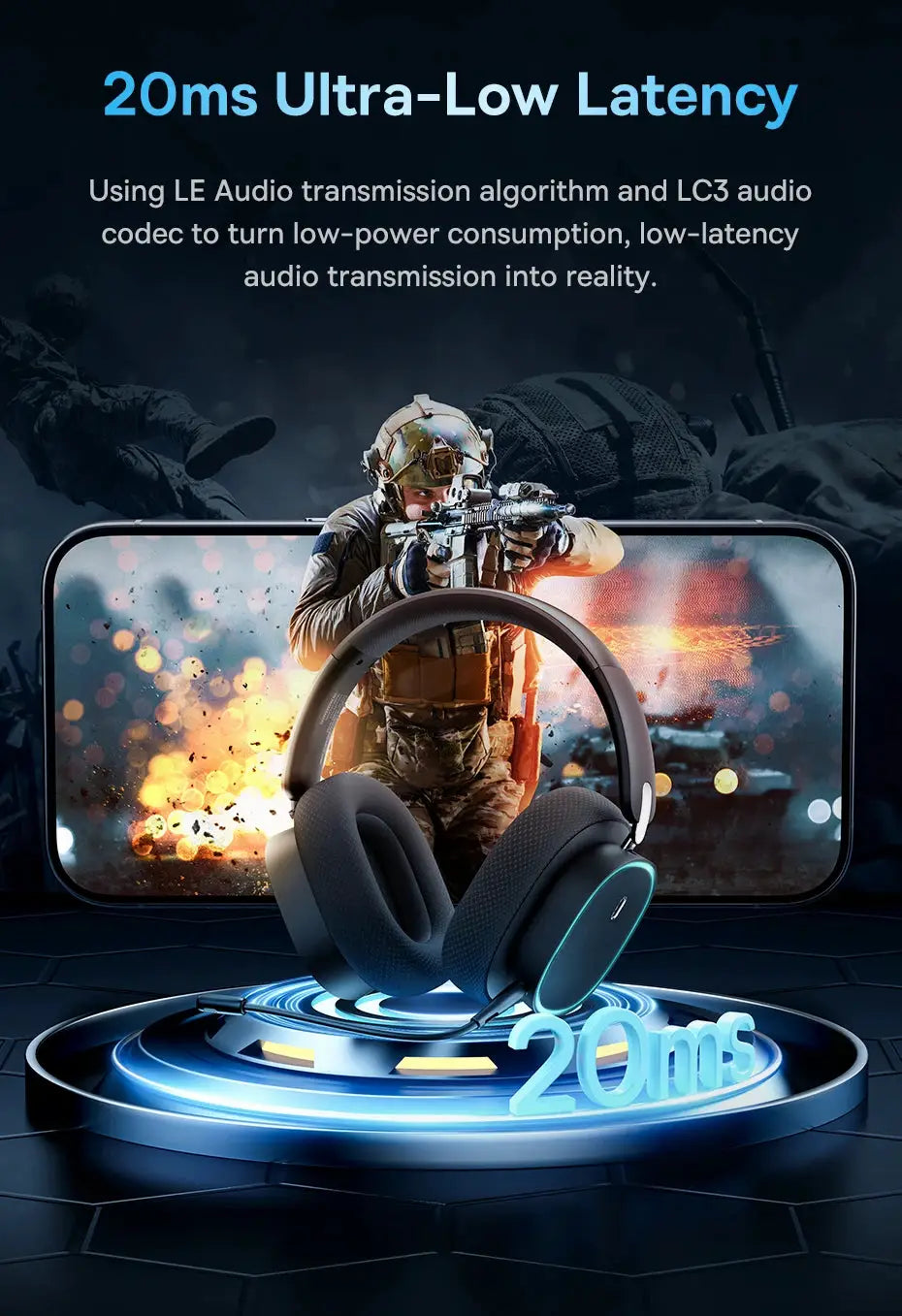 Baseus GH02 gaming wireless over-ear headset with mic, black with cyan LED accents
