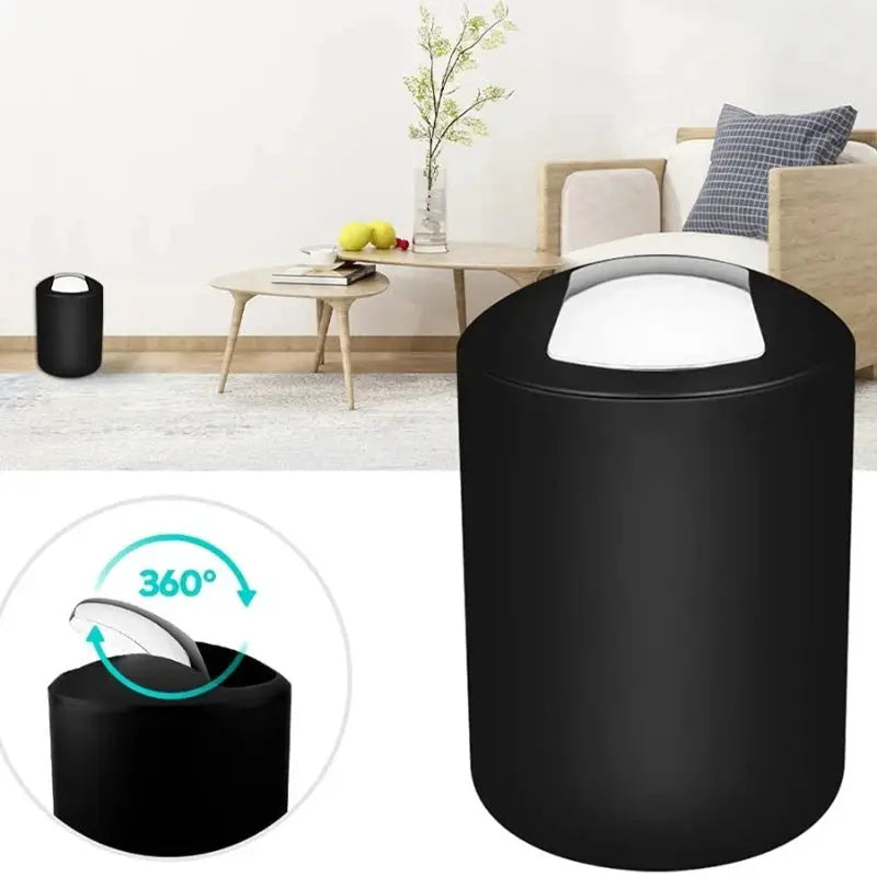 Luxury bathroom set by Simples Market; black cylindrical trash can with white lid, multipurpose bath accessories