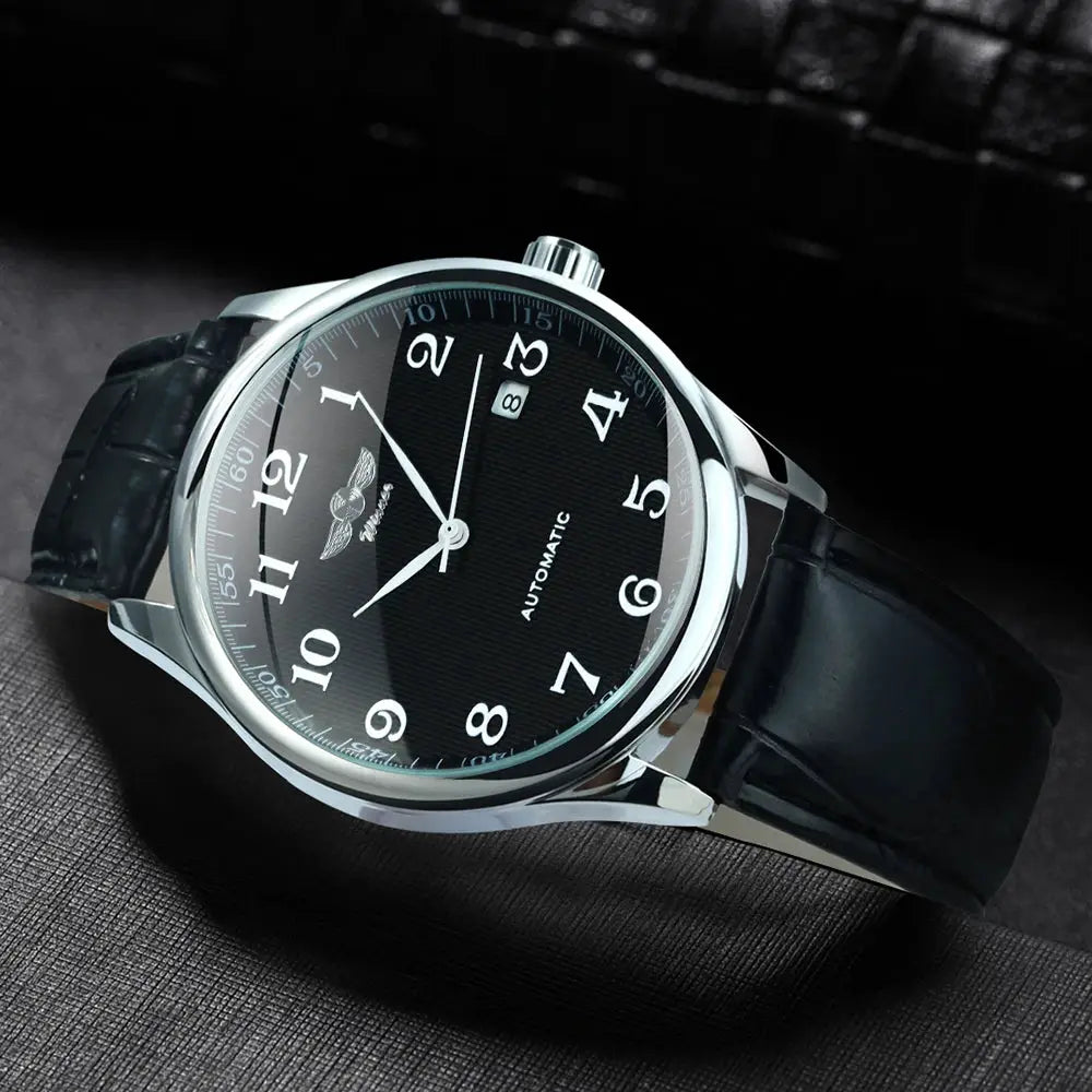 Winner men's automatic mechanical watch with black dial, silver case, black leather strap