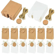 Kraft paper gift boxes and bags with rope ties and round tags for party favors