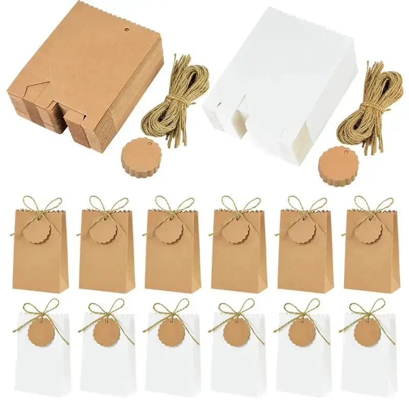 Kraft paper gift boxes and bags with rope ties and round tags for party favors