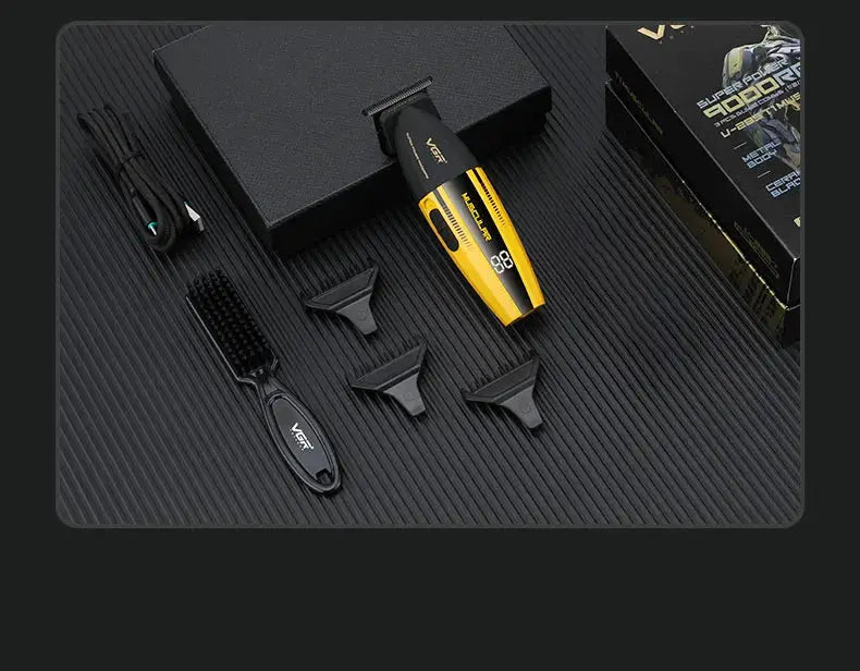 VGR professional hair trimmer set with black and yellow clippers, multiple guards, and cleaning brush