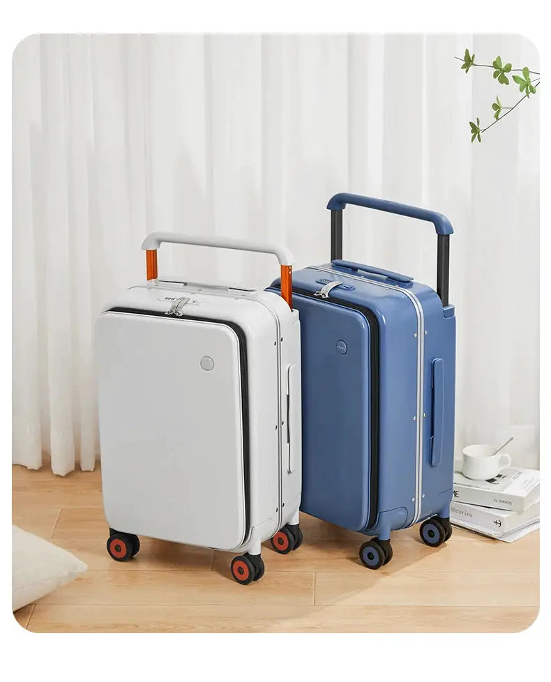 Mixi 20-inch carry-on suitcase set, two-tone white and blue PC aluminum-frame cases with wide handles and four wheels