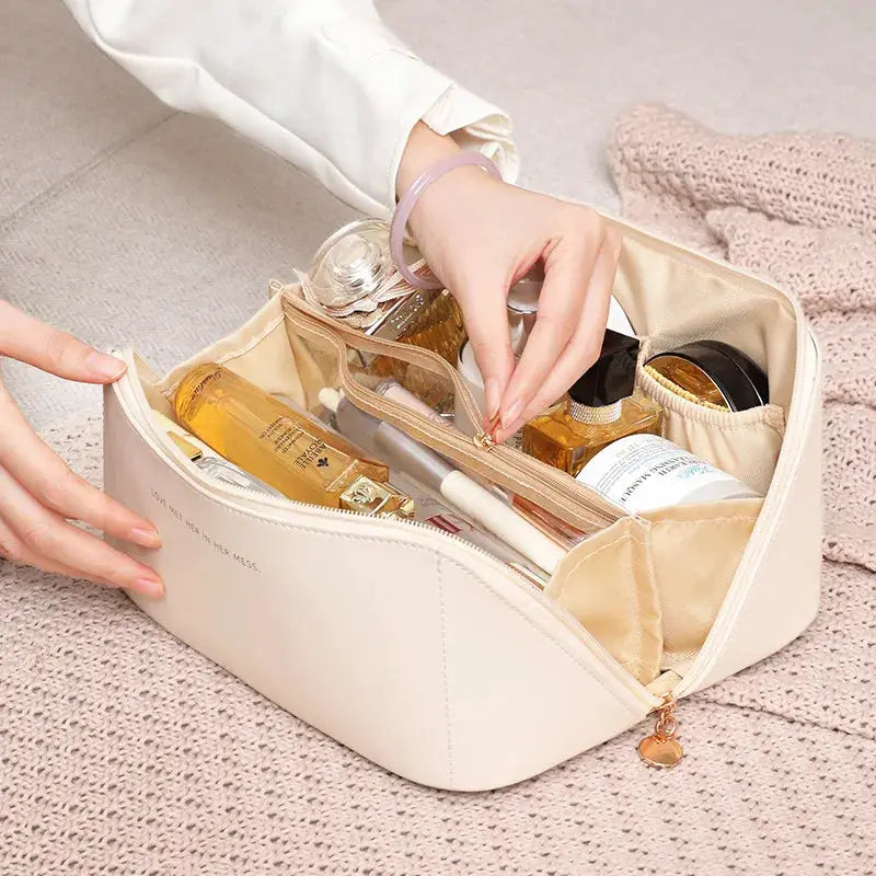 VoyageMate Large Capacity PU Leather Cosmetic Bag Travel Toiletry Organizer for Women Multi Compartment Design