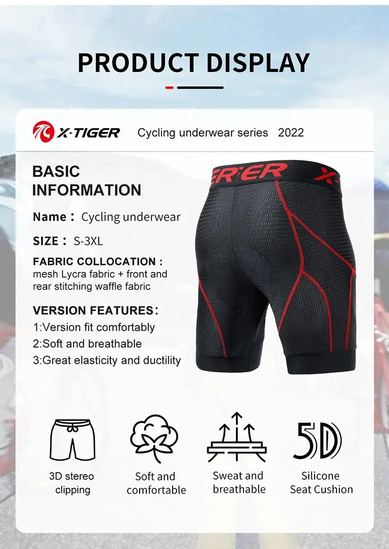 X-TIGER cycling underwear shorts, black with red accents, 5D padded, breathable, anti-slip leg grips