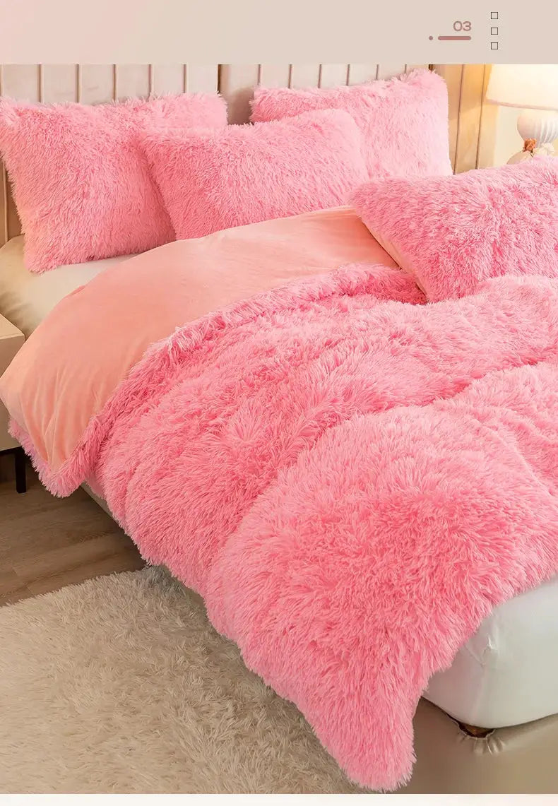 3-Piece Plush Duvet Cover Set by Simples Market in pink fluffy faux fur with two matching pillow shams.
