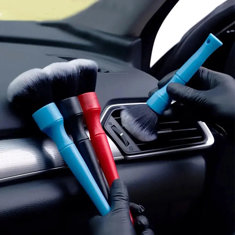 Car detailing brush set with ultra-soft synthetic bristles; four colored handles in blue, black, red, and light blue