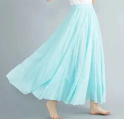 Cotton-linen Mori Girl long skirt in light blue with elastic waist, A-line flowy.