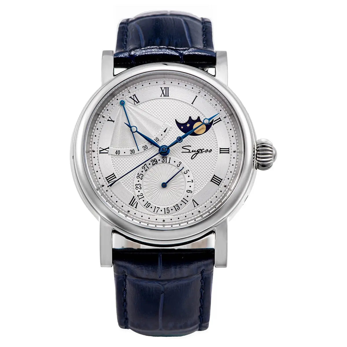 Simples Market Sugess men’s moonphase automatic wristwatch with sapphire glass, date subdial, Roman numerals, blue hands, navy strap.