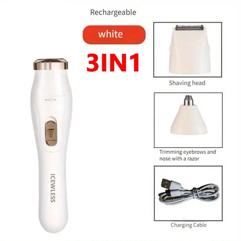 3-in-1 white electric trimmer for women by Simples Market, waterproof with shaving head and brow/nose trimmer