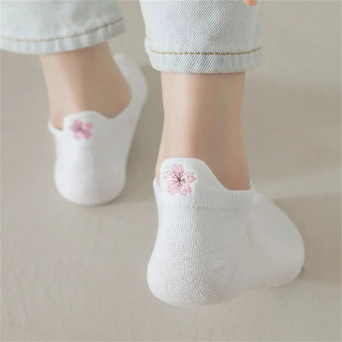 Five Pairs Embroidered Breathable Mesh White Socks For Women Featuring Crown Heart Bee Sakura And Bowknot Designs