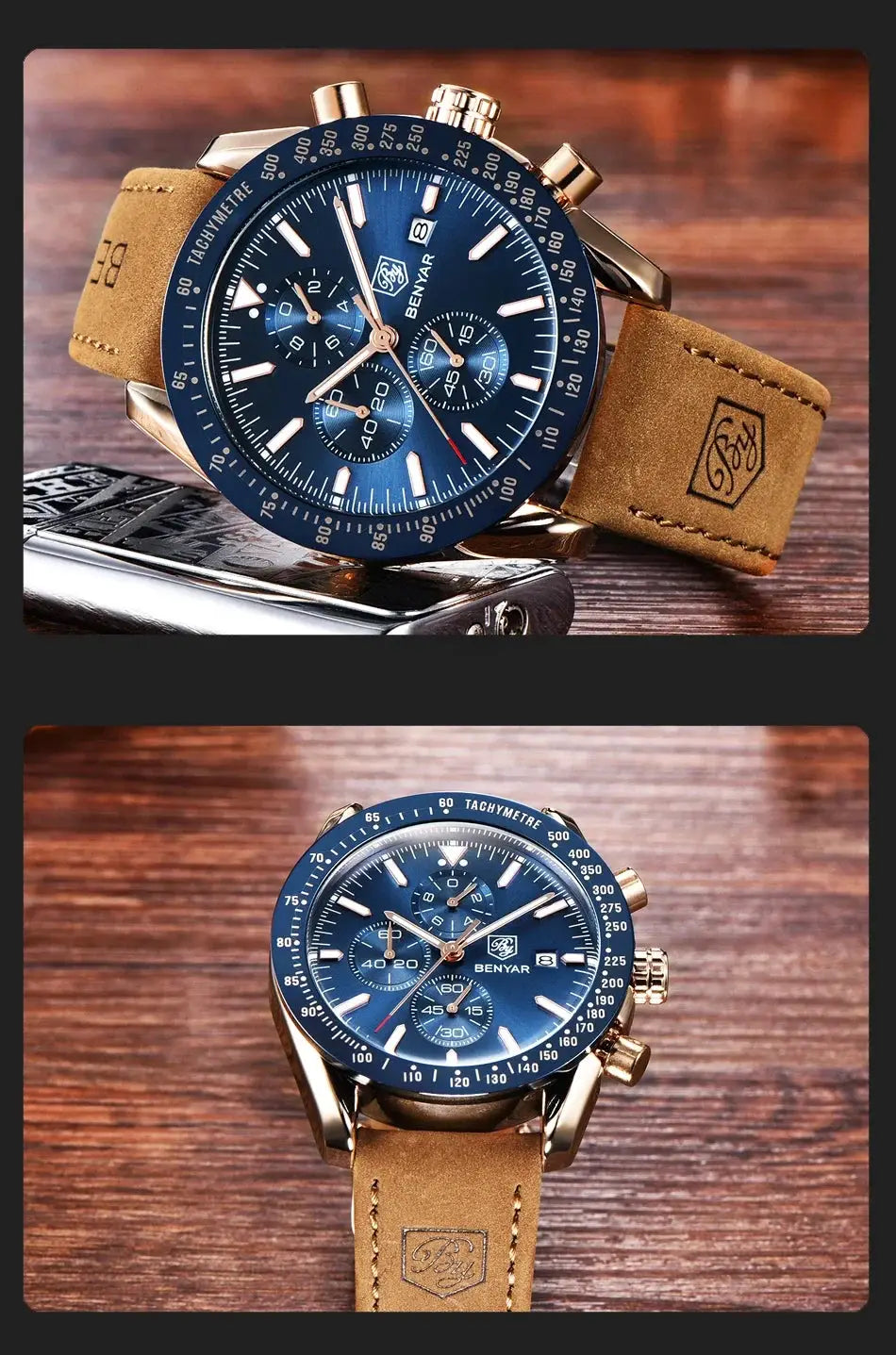 Men's Benyar watch with blue dial, tachymeter bezel, gold-tone case, tan leather strap, and chronograph subdials.
