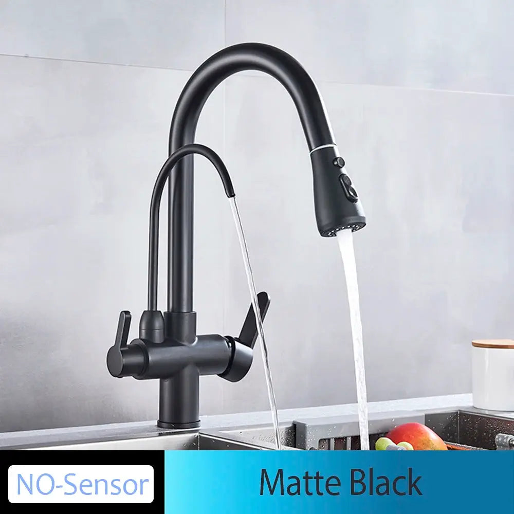 Matte black pull-out kitchen faucet with NO sensor, deck-mounted dual-handle mixer by Simples Market