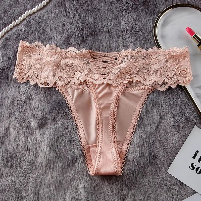 BANNIROU pink lace thong underwear for women with soft satin panels