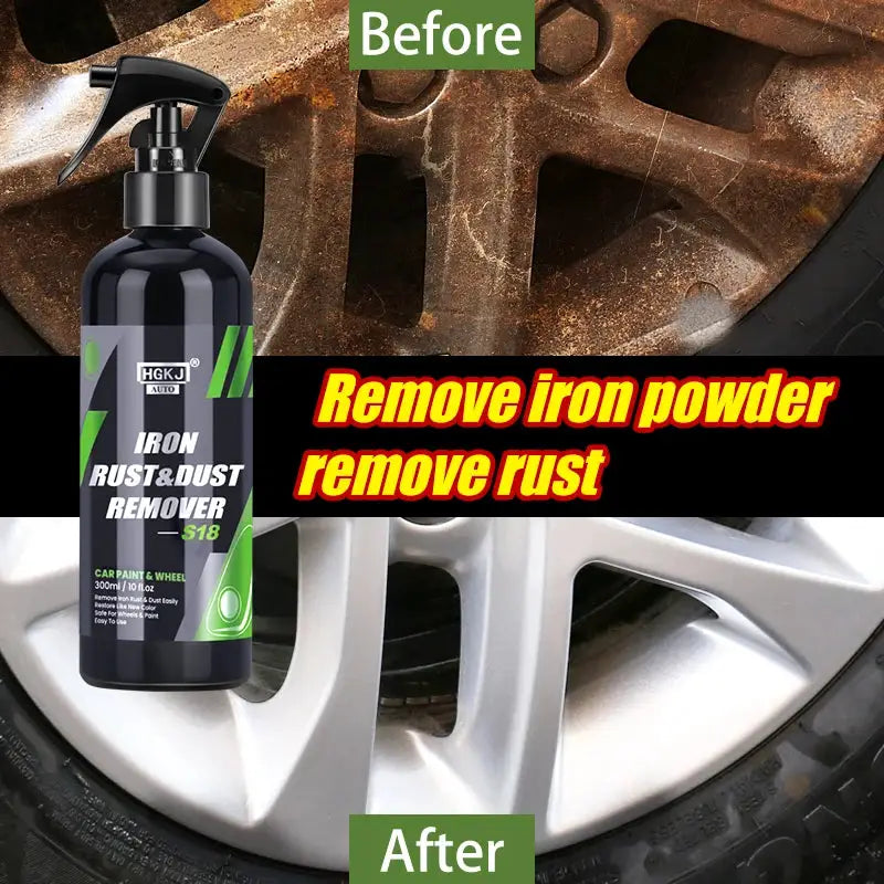 HGKJ Iron Rust & Dust Remover spray in a black bottle with green accents for car wheels and metal surfaces