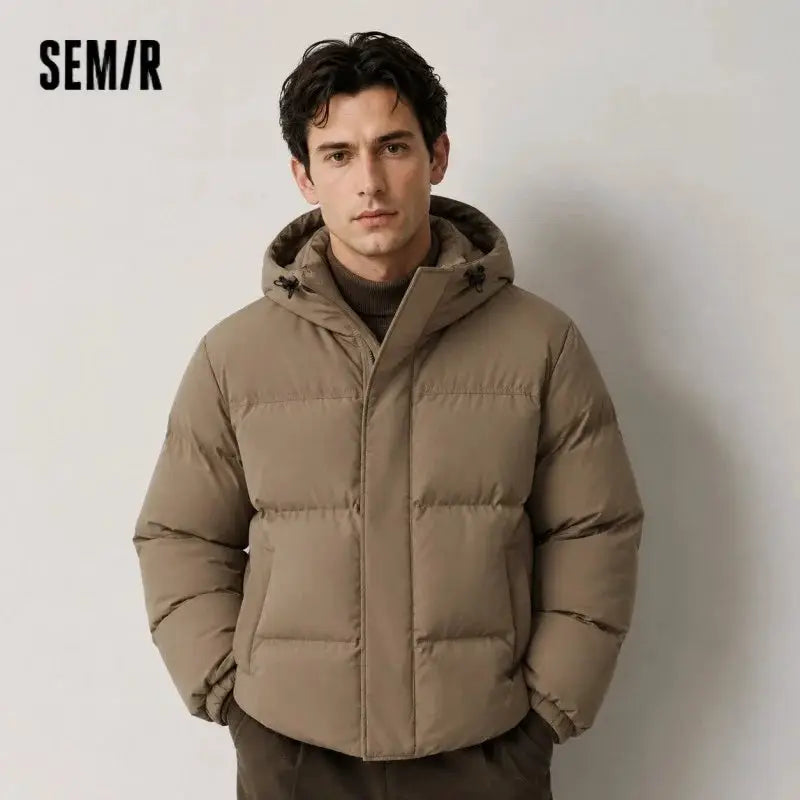 Semir men's puffer down jacket in beige with hood, waterproof and windproof; SEM/R logo visible.