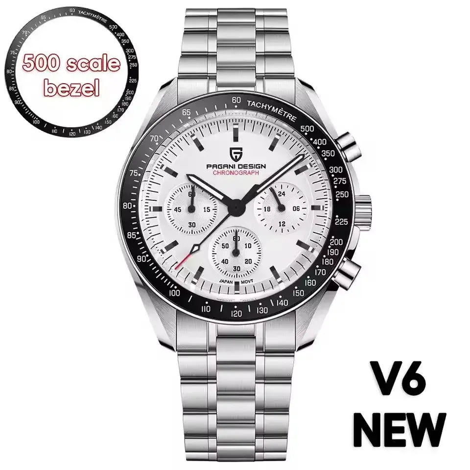 Pagani Design 500 Speedometer chronograph watch with white dial, tachymeter bezel, AR sapphire, stainless steel bracelet