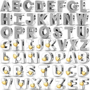 26-letter alphabet charm set A-Z in silver-tone 925 sterling with pave CZ, gold heart accents