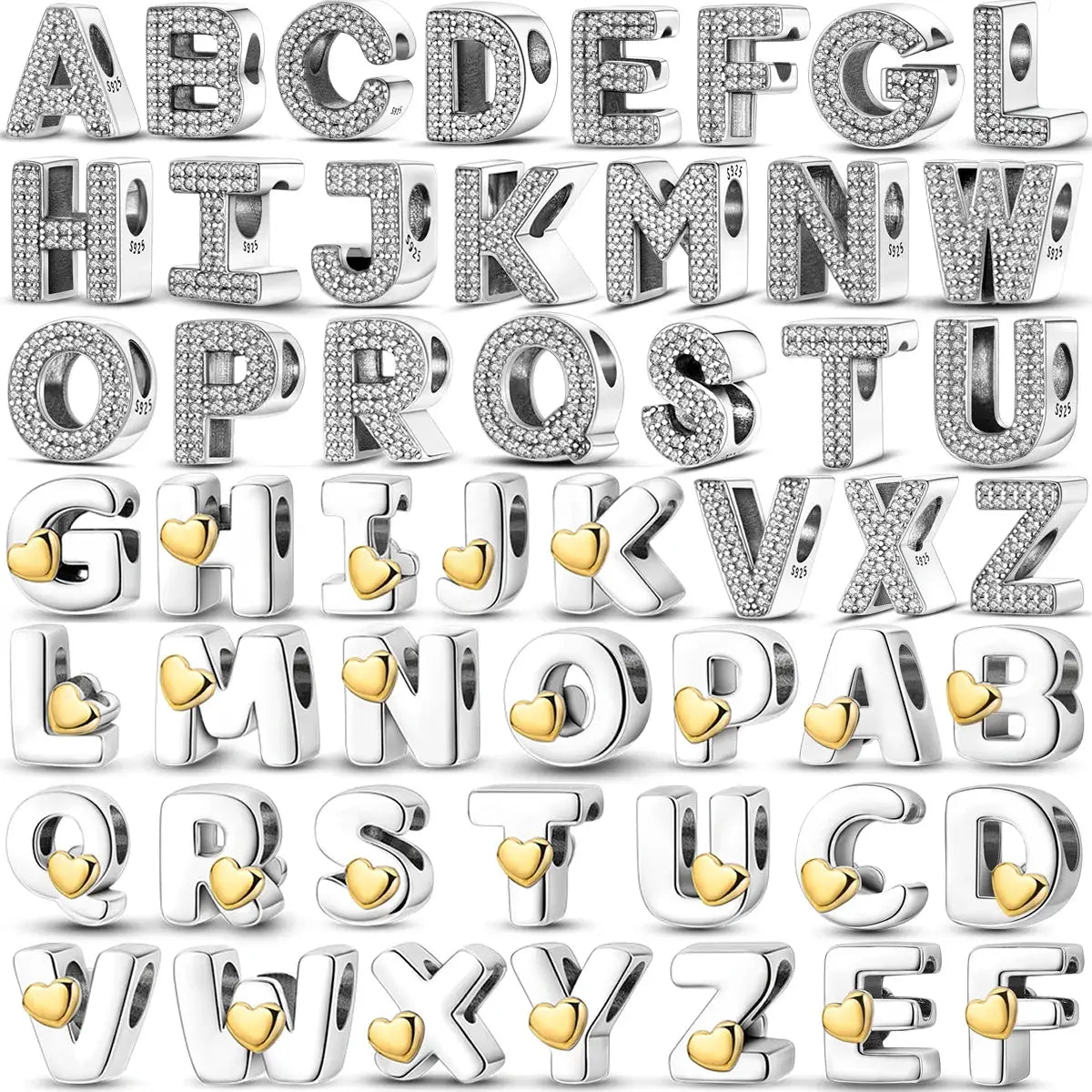 26-letter alphabet charm set A-Z in silver-tone 925 sterling with pave CZ, gold heart accents