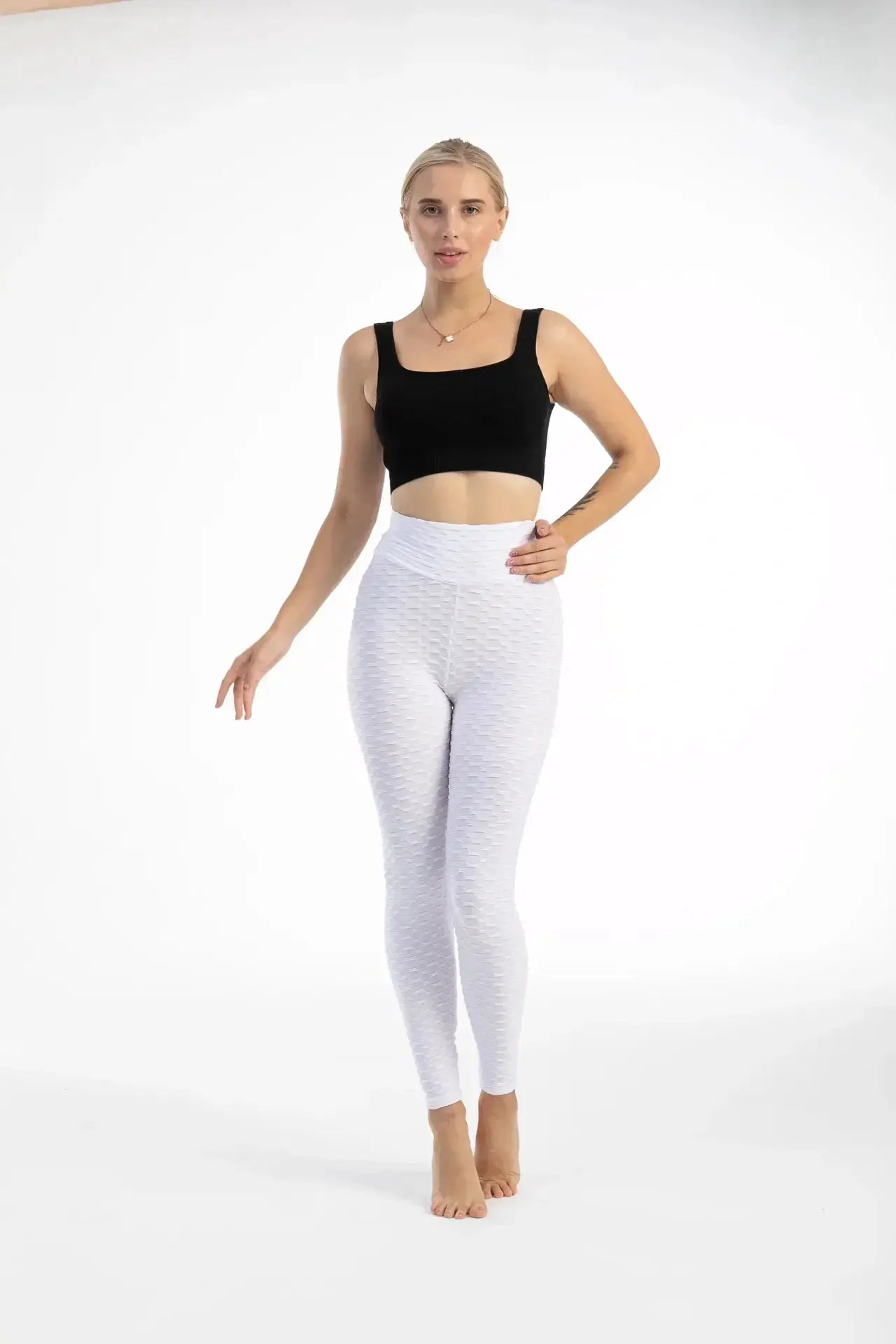 Women high-waist bubble leggings, white textured seamless yoga pants for gym training and running