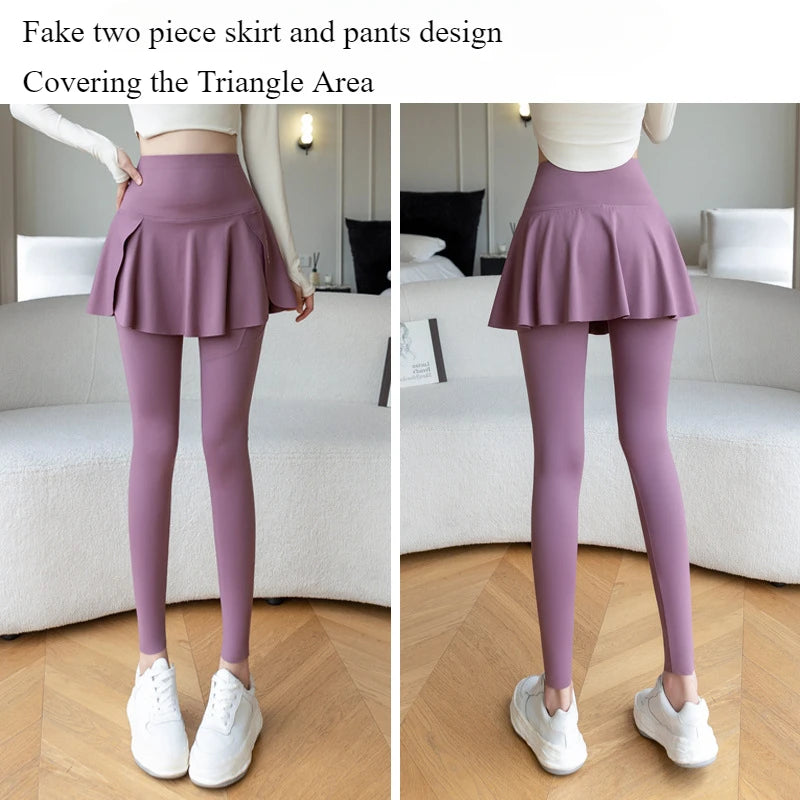 Simples Market women's fake two-piece lavender leggings with skirt overlay, high-waist seamless yoga pants with pockets