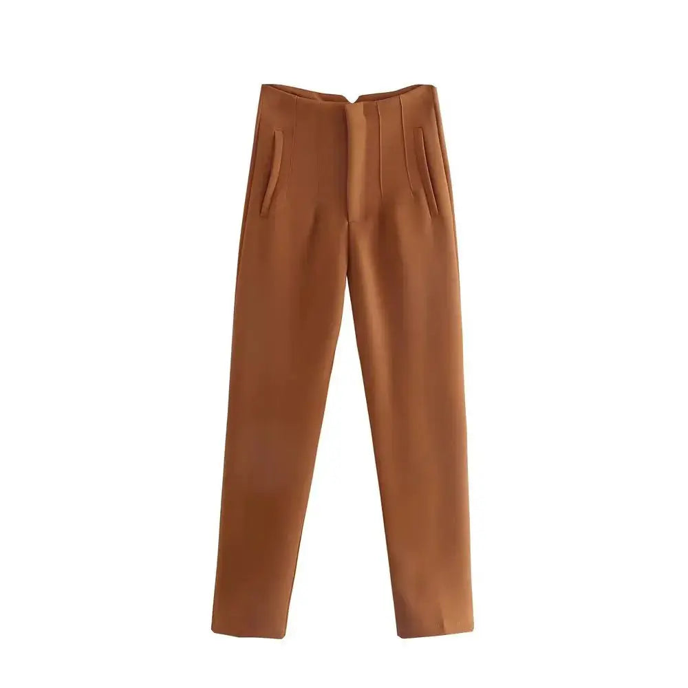 Duoperi Women High Waist Trousers Solid Color Premium Polyester Blend for Comfort and Flattering Fit