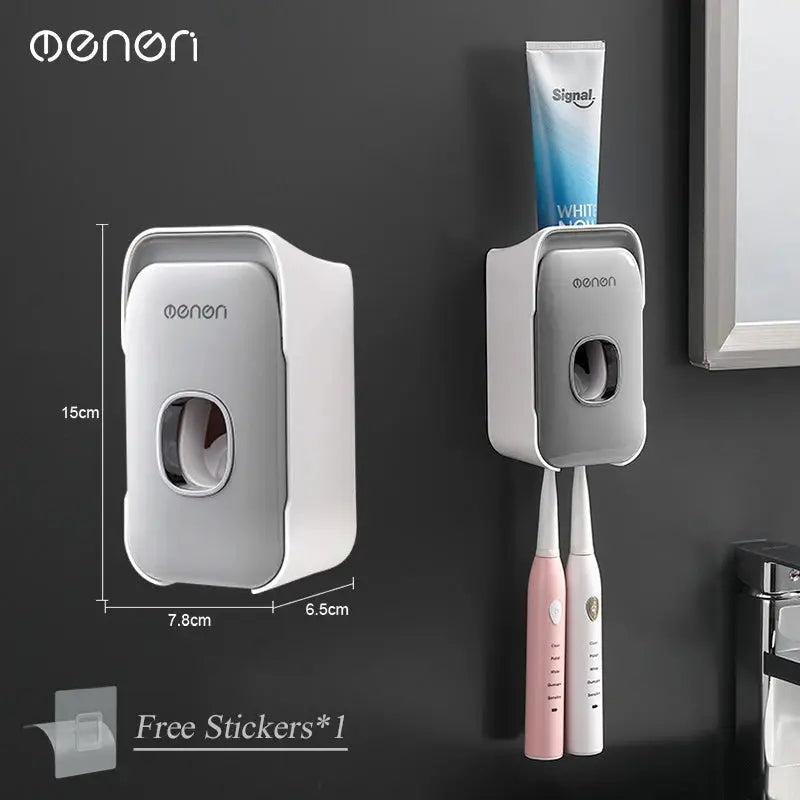 Wall-mounted toothpaste dispenser and toothbrush holder set; white/gray plastic, manual operation; 15x7.8x6.5 cm.