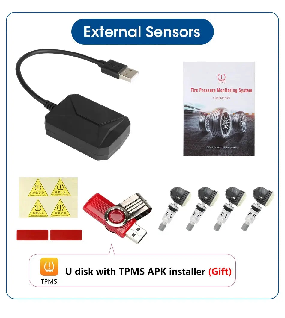 Simples Market JMCQ USB Android TPMS tire pressure monitoring system with external sensors (5), USB dongle, manual