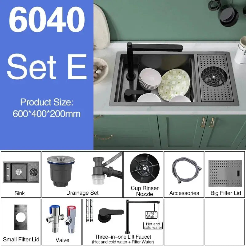 ASRAS Nano black small single-bowl kitchen sink with lifting faucet and 8-piece accessory set