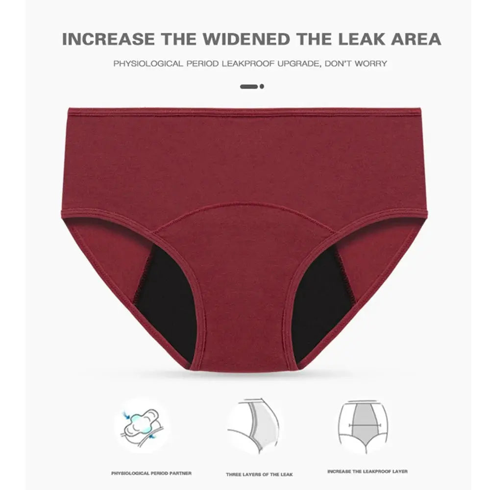 Simples Market red cotton menstrual panties, breathable low-rise underwear with black gusset.
