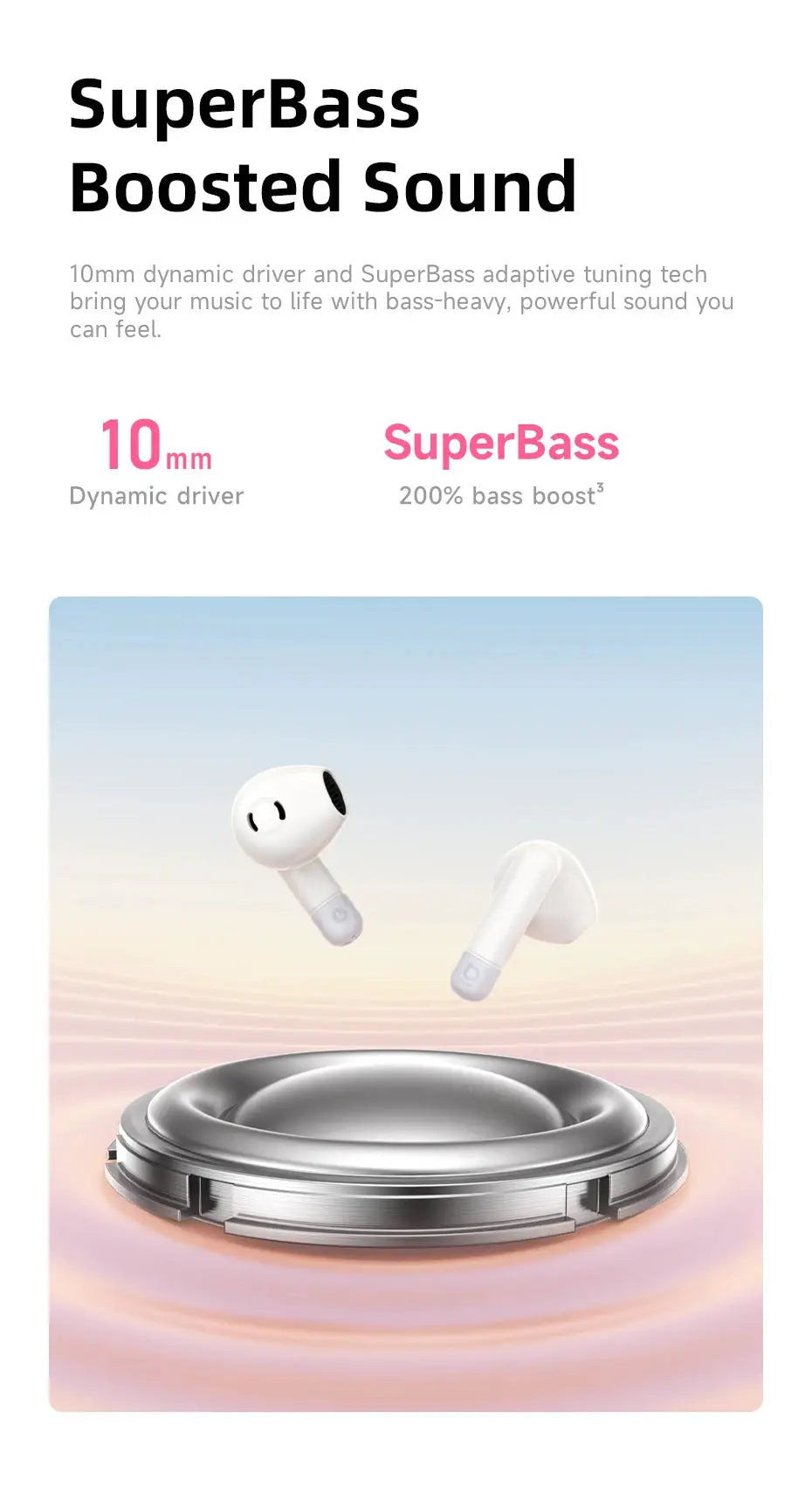 Baseus Bass BS2 Lite true wireless earbuds, white with 10mm dynamic driver