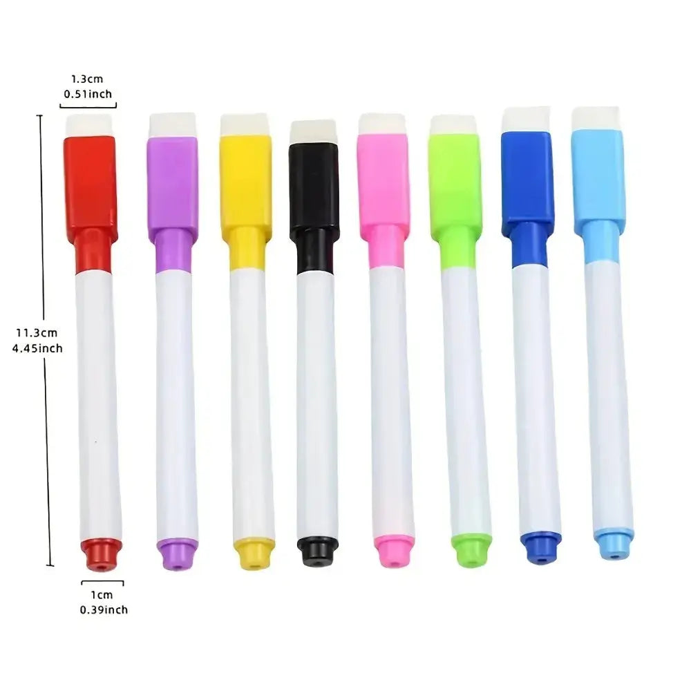 8-piece set of small whiteboard eraser-style pens with colorful caps in red, purple, yellow, black, pink, lime, blue, and light blue
