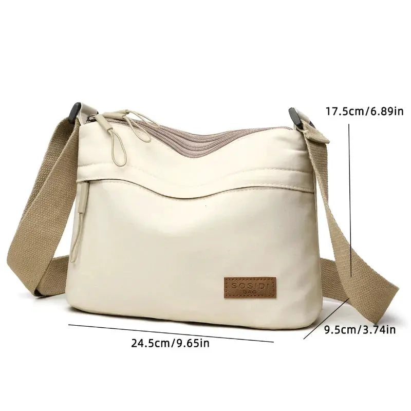 3-pocket high-capacity beige canvas shoulder crossbody bag with adjustable tan strap