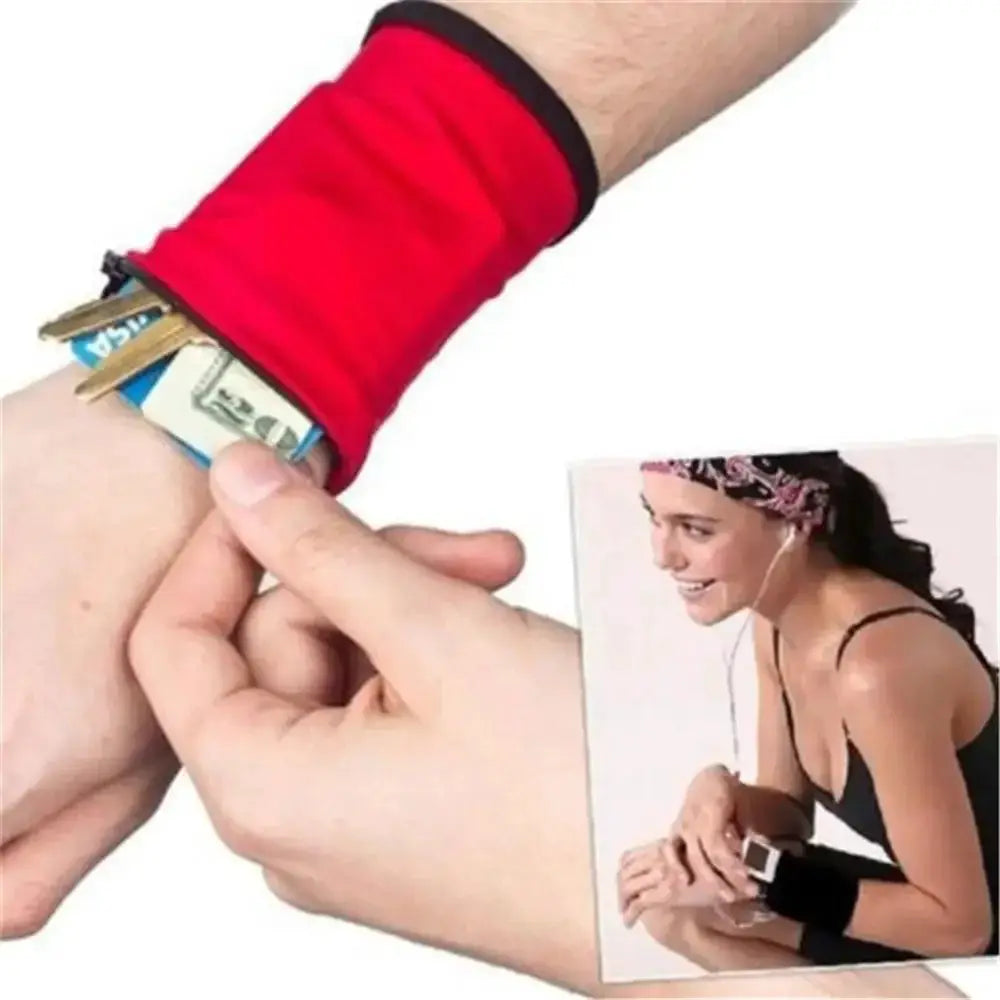 Mini cotton wrist wallet pouch with zipper on a red sports wristband holding cash and cards