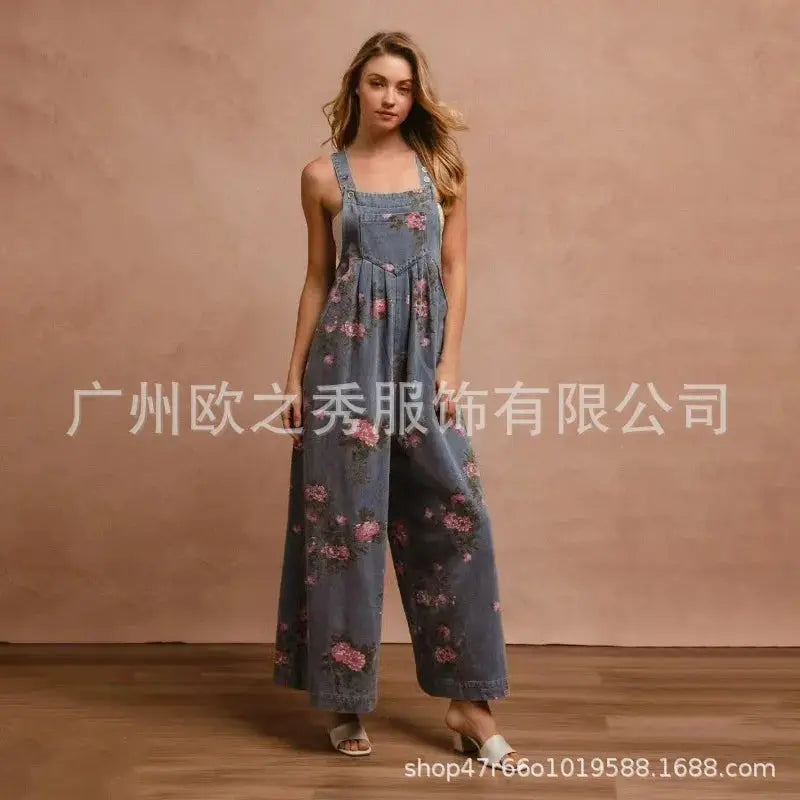 Blue denim floral-print sleeveless jumpsuit for women with wide-leg long pants