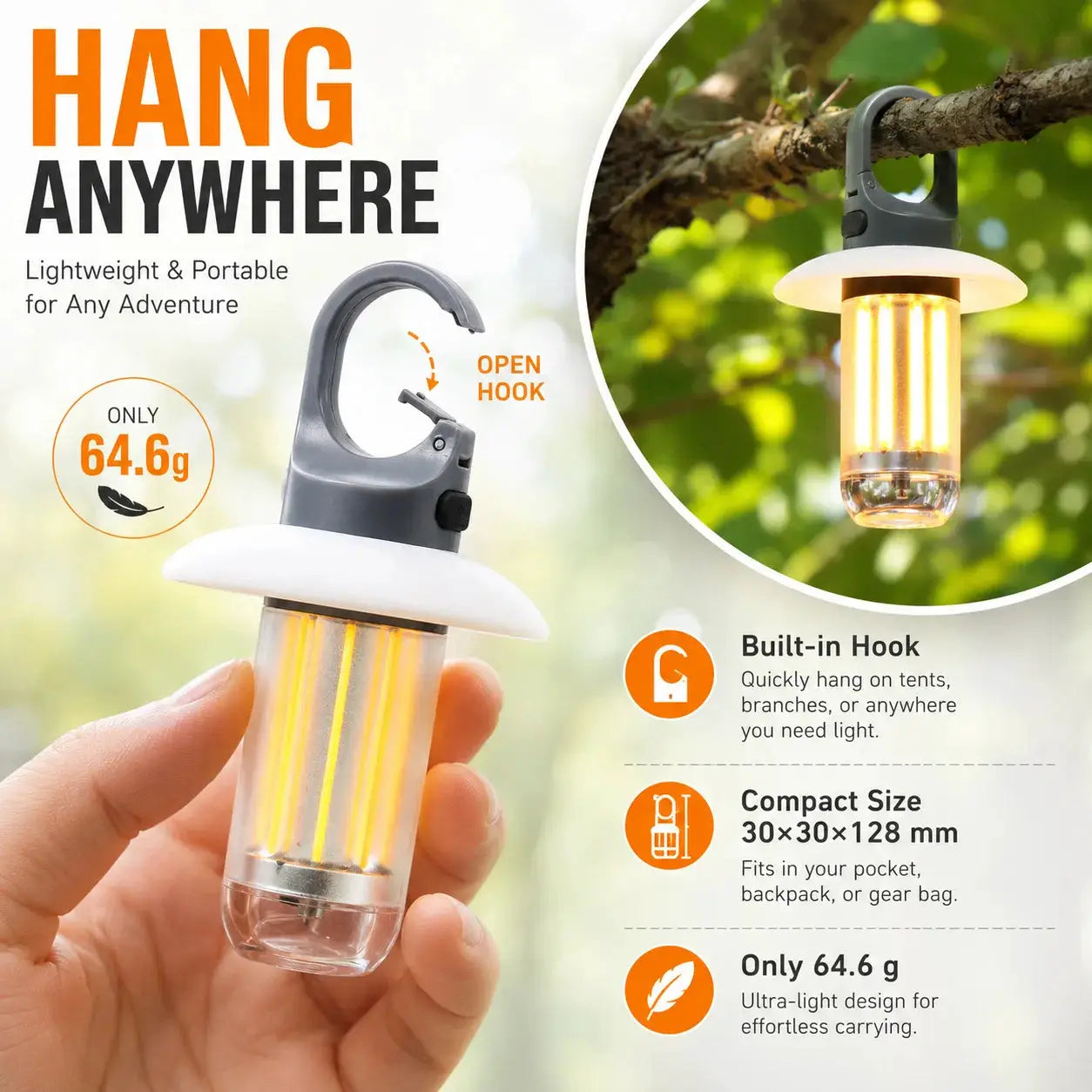 LED rechargeable camping lantern with 5 modes, compact 64.6 g, hanging tent lamp, waterproof.