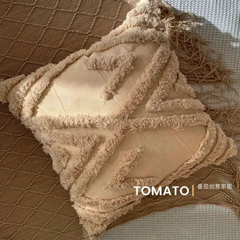 Bohemian geometry-embroidered cushion cover in beige with fluffy fringe trim, long sofa pillowcase.