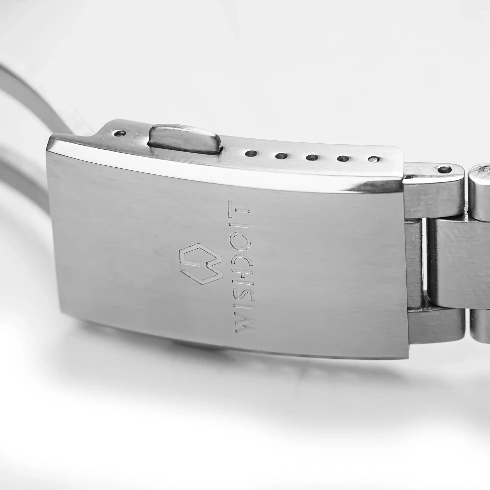 Stainless steel watch clasp on metal bracelet with Simples Market branding