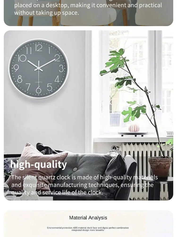8-inch mute wall clock with gray dial and white numerals, silver bezel, mounted on a light wall in a living room.