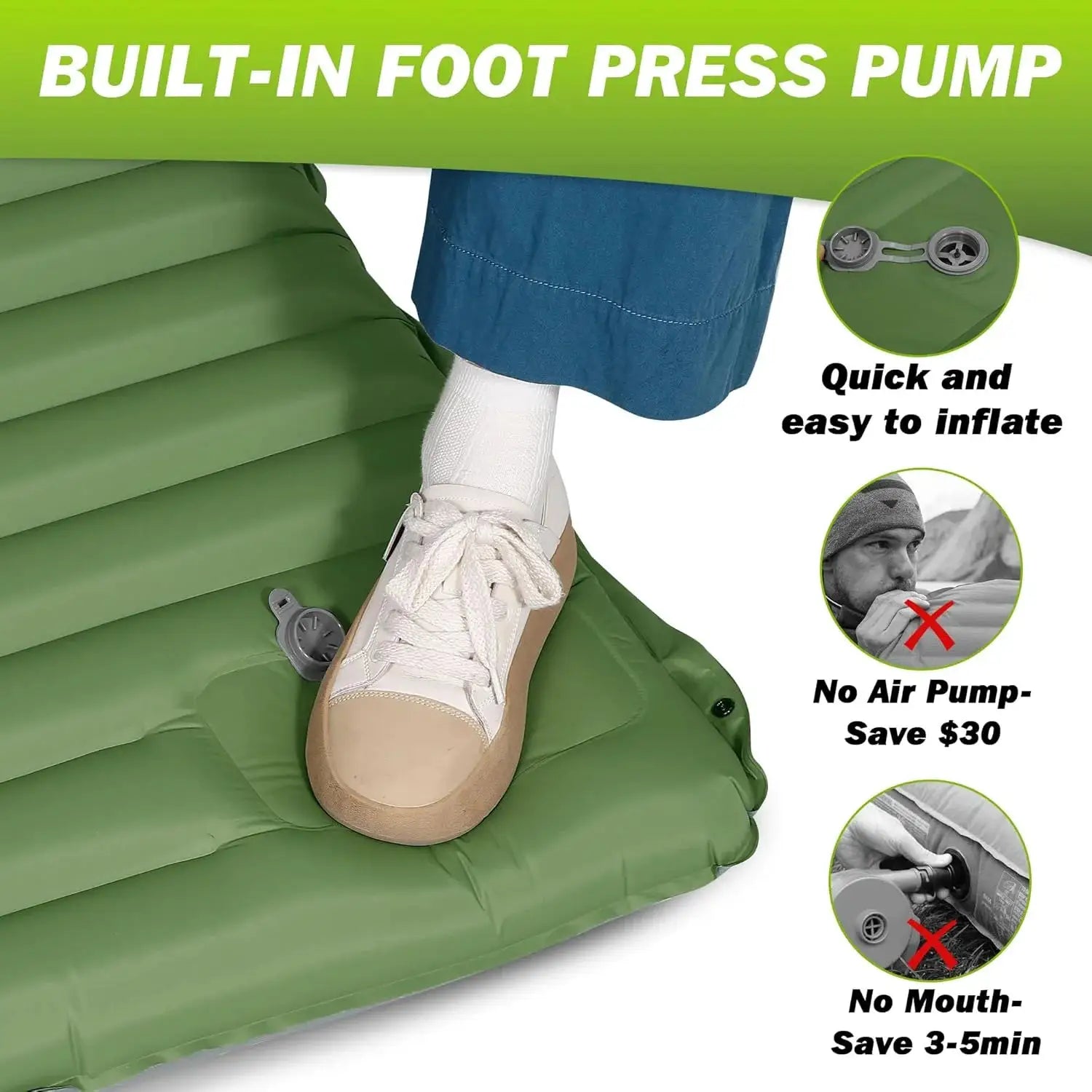 Simples Market sleeping pad, extra-thick 4-inch camping mat with built-in foot pump, green