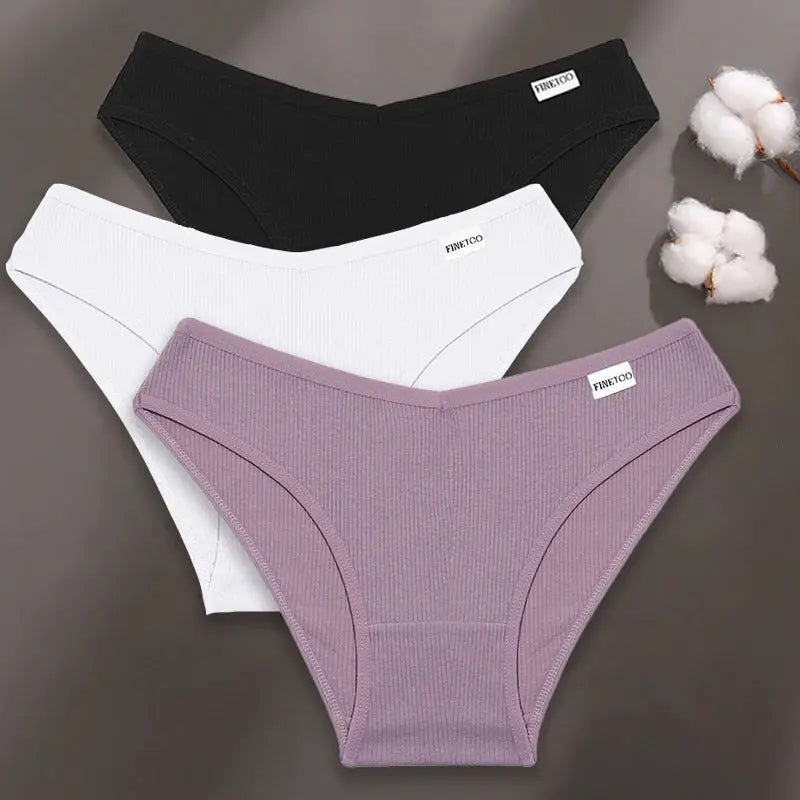 Women's cotton panties 3-pack by FINETOO in black, white, and lavender