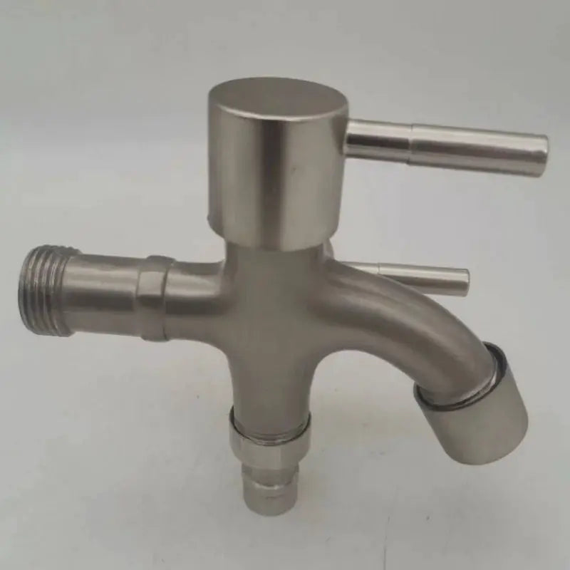 Simples Market dual-spout stainless laundry faucet with top control and side outlet.