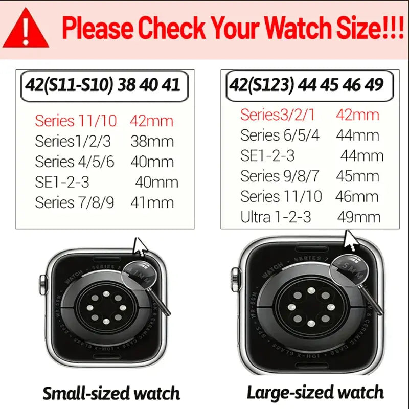Simples Market black silicone magnetic Apple Watch strap; shows small and large watch sizes 38–49mm, two watches