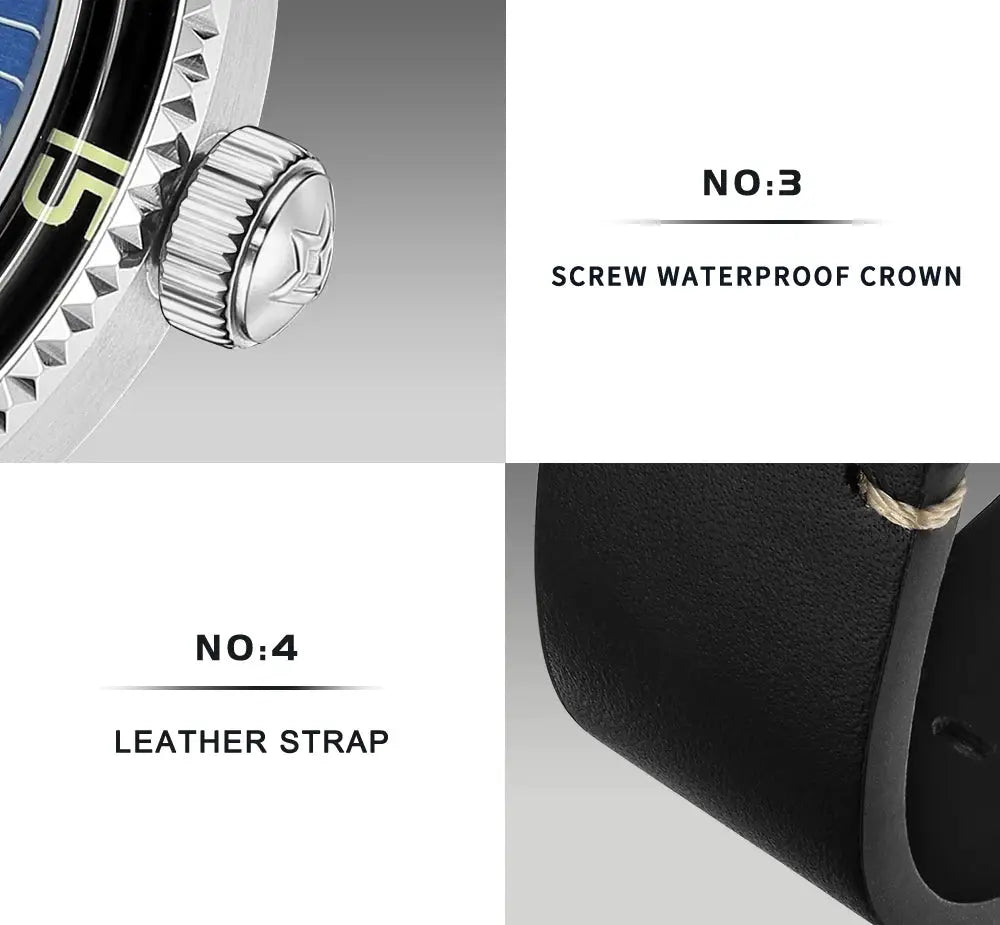 CADISEN 2026 men's mechanical wristwatch with screw-down crown and black genuine leather strap